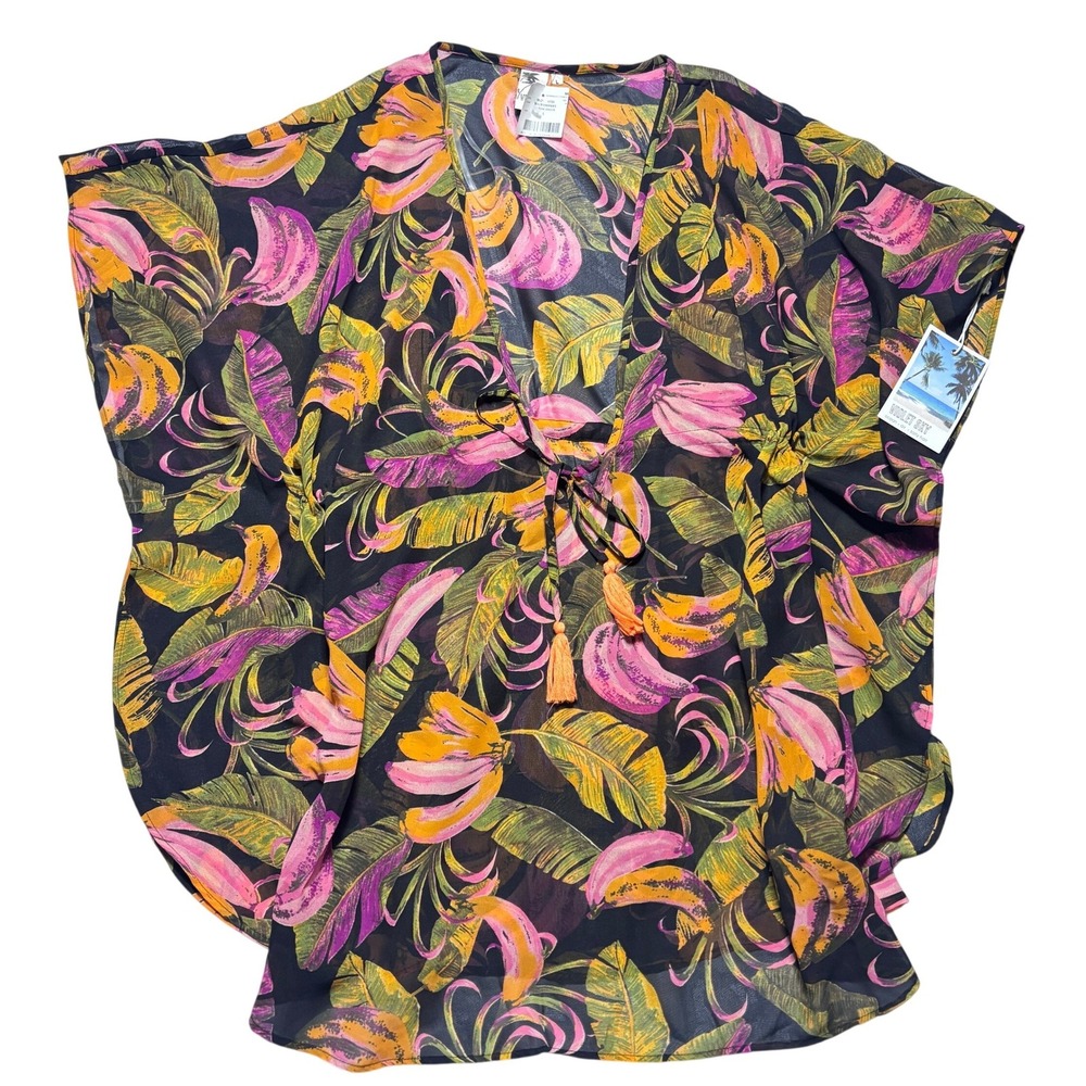 Violet Sky Tropical Banana Print Swim‎ Cover Up Tassel Tie Pink Yellow Large NEW